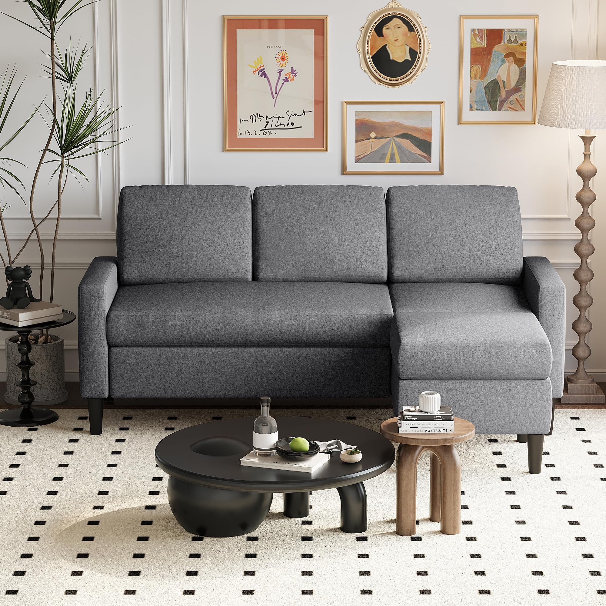 Small Convertible Sectional Sofa Couch with Ottoman, 3 Seat L Shaped Sofa