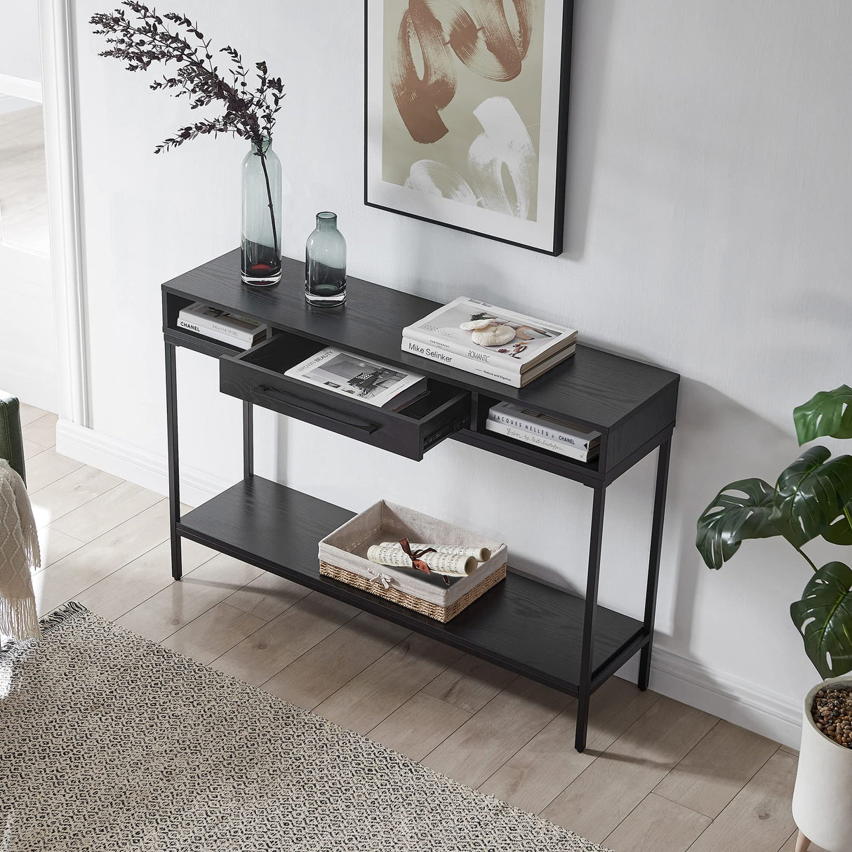 45" Wide Rectangular Console Table in Blackened Bronze/Black Grain