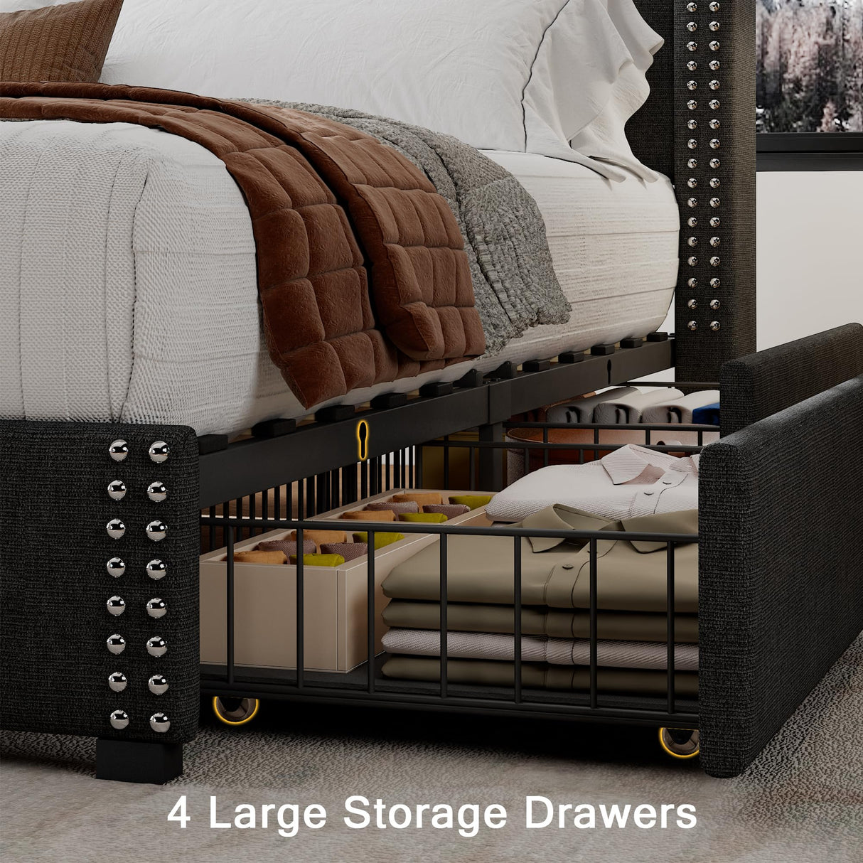 Upholstered Full Size Bed Frame with 4 Storage Drawers, Platform Bed Frame with Charging Station,