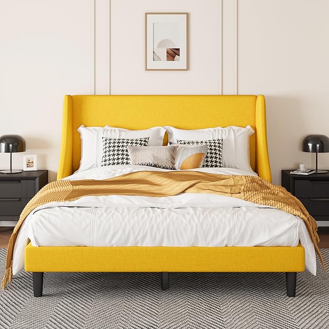 Upholstered Bed Frame Queen Size with Streamlined Wingback Headboard