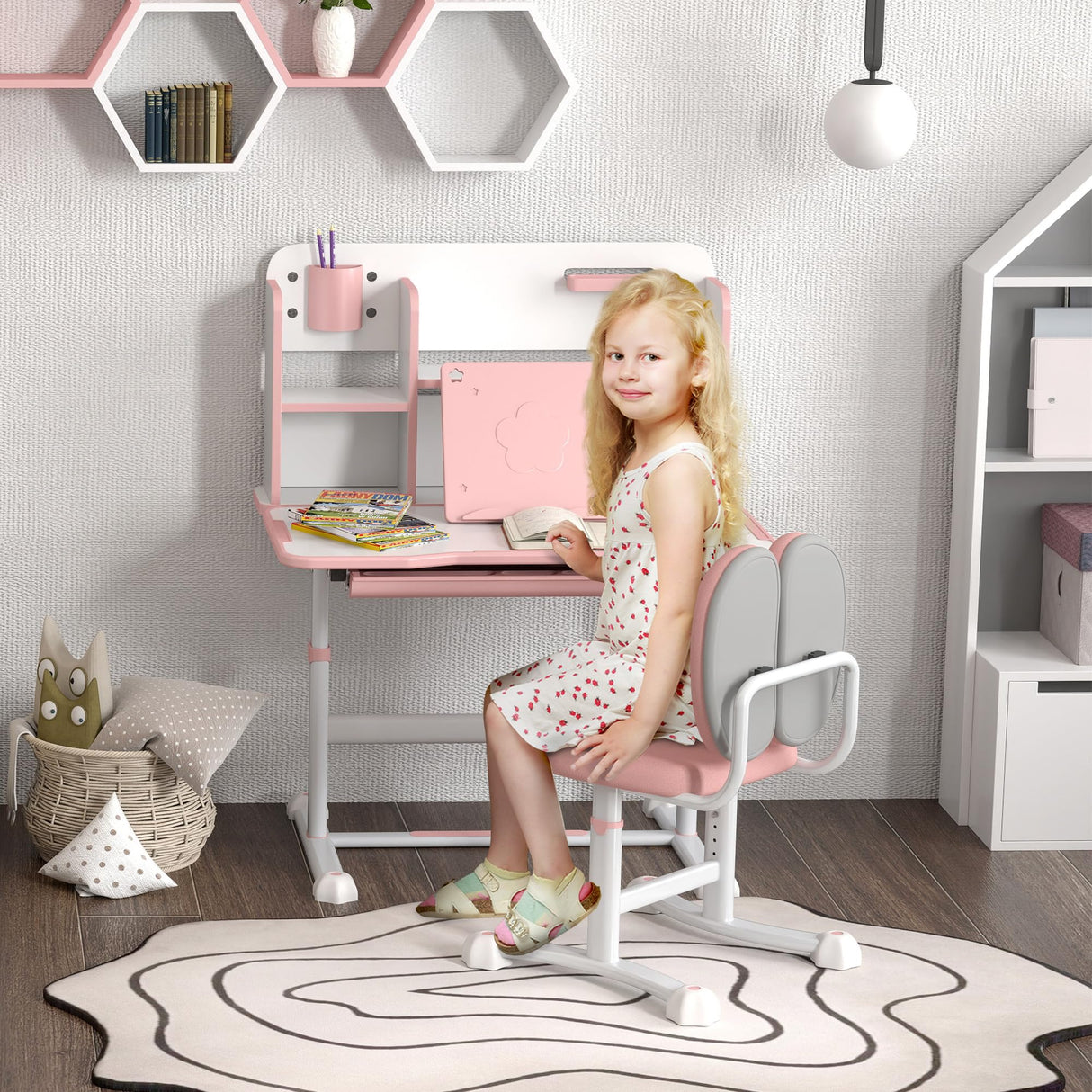 chair Set, Height Adjustable Kids School Study Desk and Chair Set with Tilt Desktop, Storage Drawer and Reading Rack for Writing, Reading and Drawing, Pink