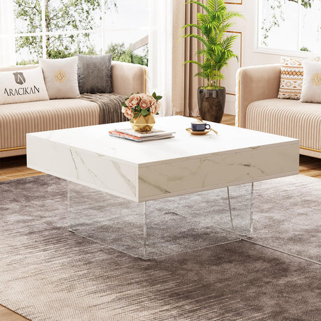 Square LED Coffee Table: Faux Marble White Coffee Table for Living Room