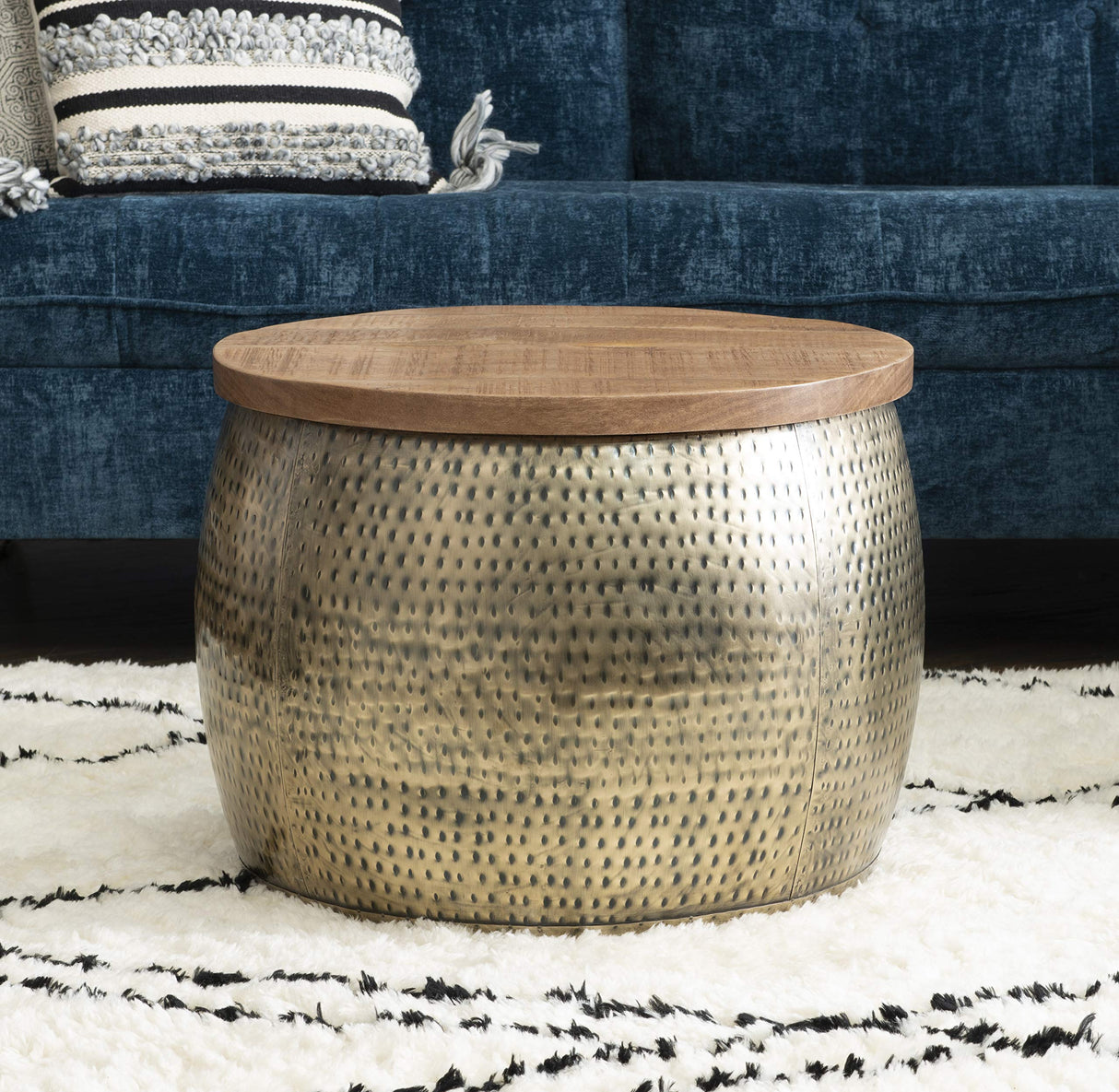 Hammered Gold Drum with Natural Wood Lift Top for Storage Janice Table