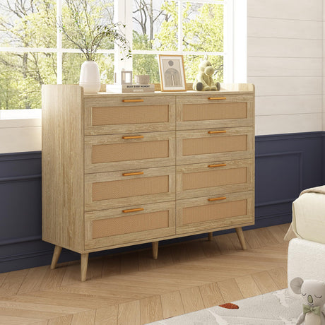 Rattan Dresser for Bedroom, 8 Drawer Dresser with Charging Station, Wide Desktop Dresser Chest of Drawers