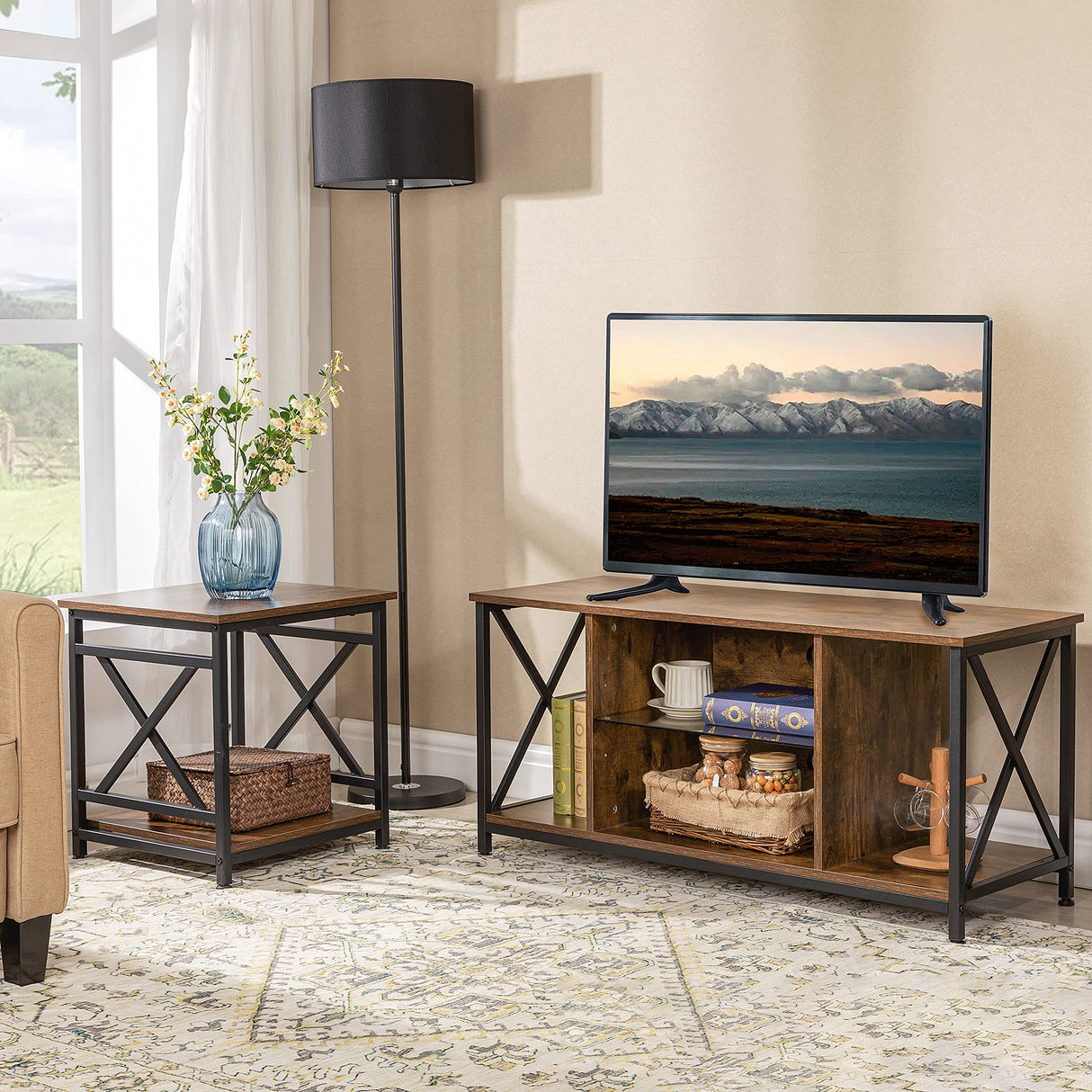 Industrial End Table Side Table with 2-Tier Storage Shelf, 18'' Square Nightstand