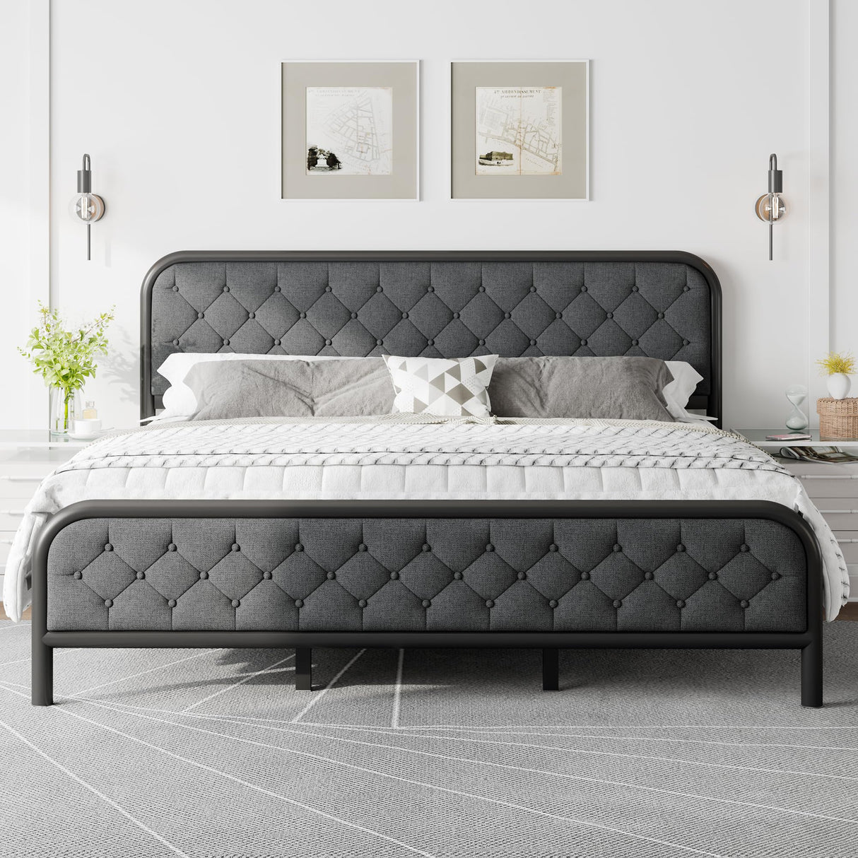 King Size Bed Frame, Upholstered Metal Bed Frame with Liene Tufted Headboard