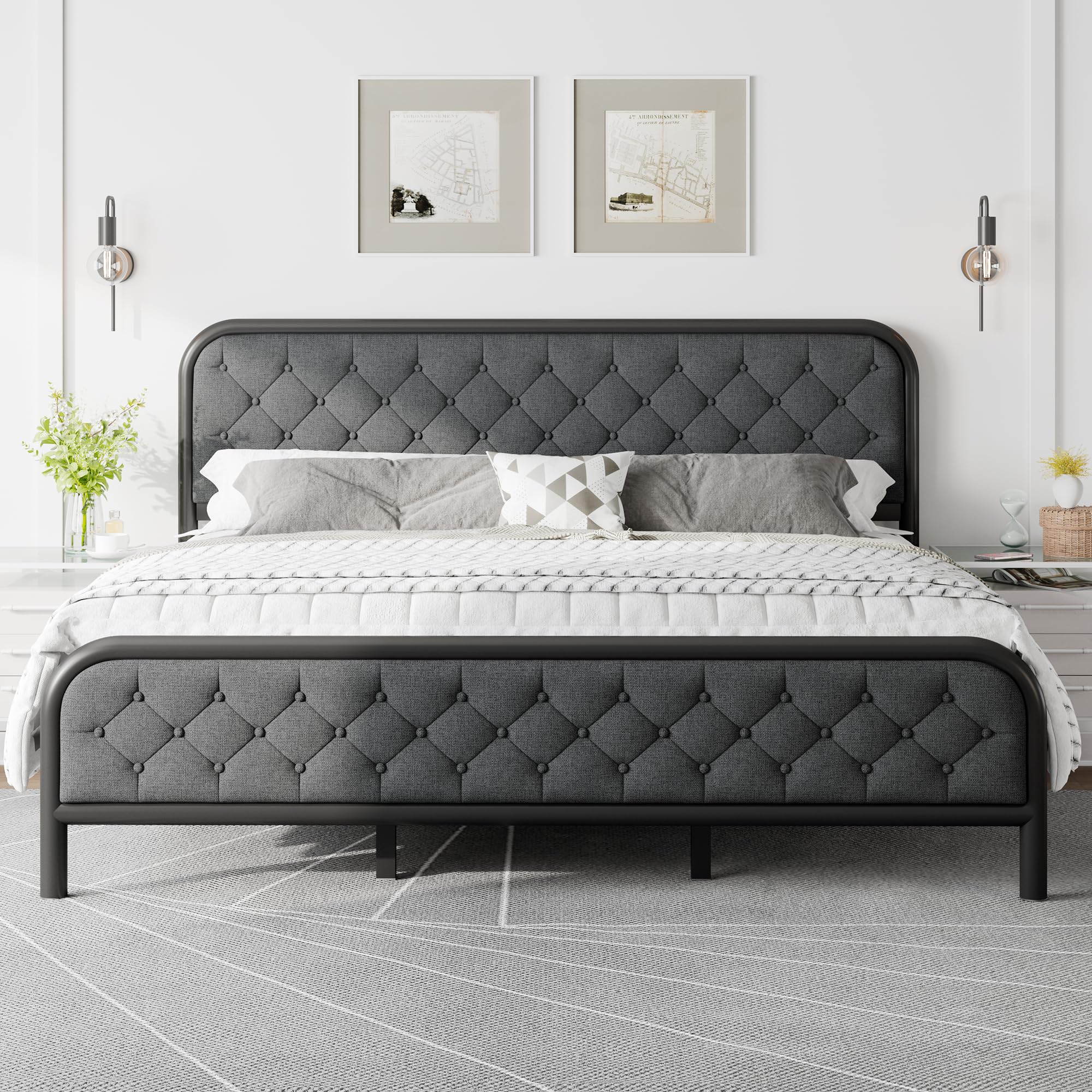 King Size Bed Frame, Upholstered Metal Bed Frame with Liene Tufted Headboard