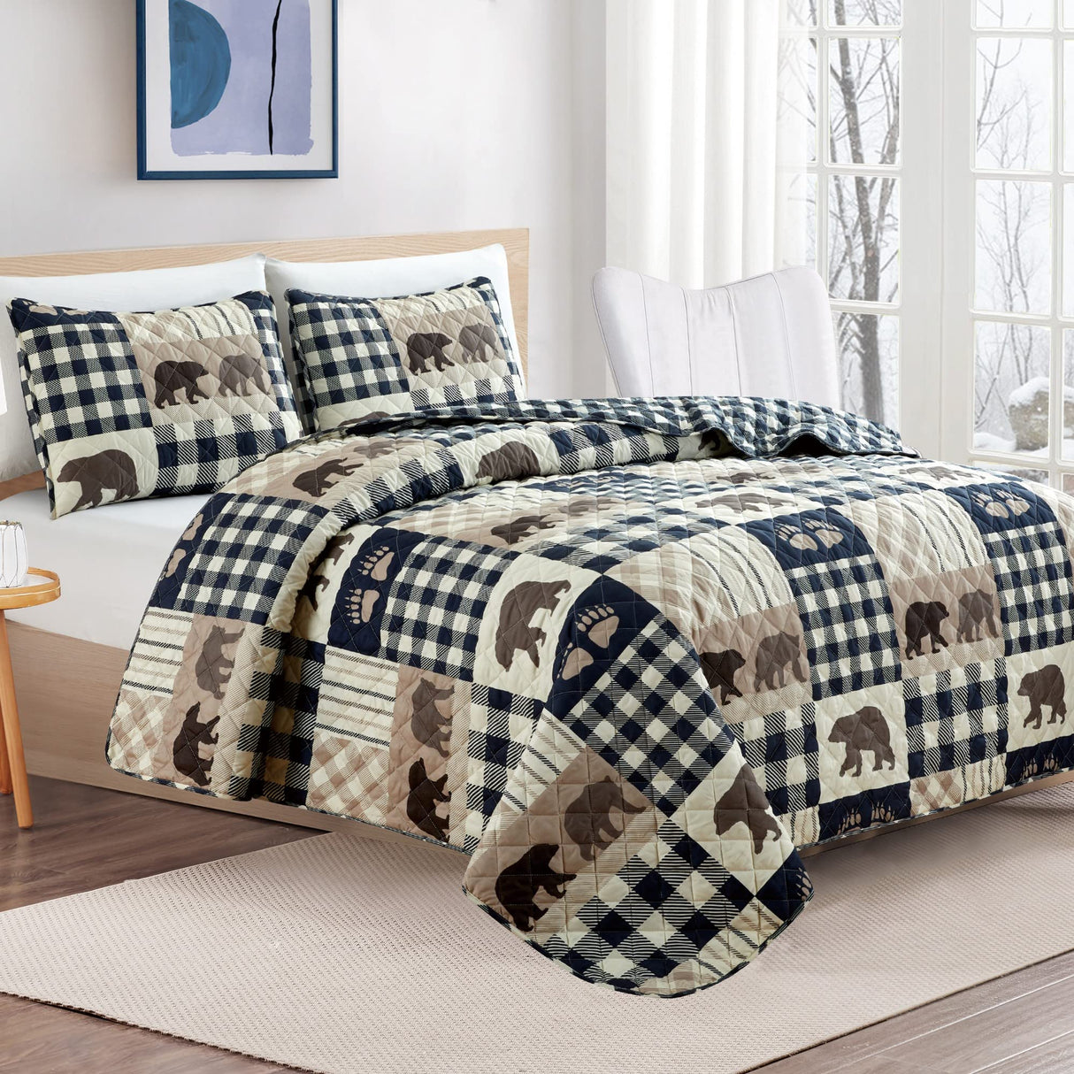 2 Piece Reversible Quilt Set with Sham | Twin Cabin Comforter Set | Rustic Bear