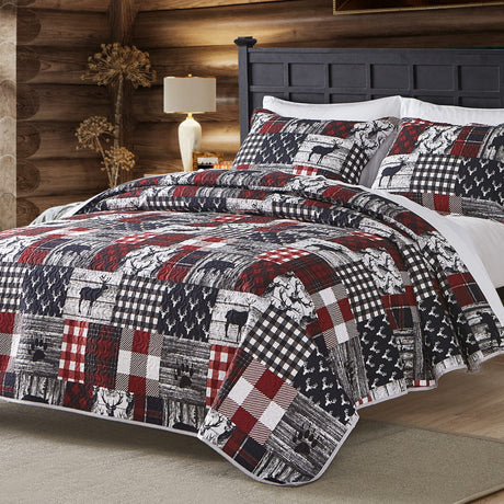 Cabin Quilt Set Queen, Christmas Rustic Quilt Coverlet Bed Set, 3-Piece Lightweight