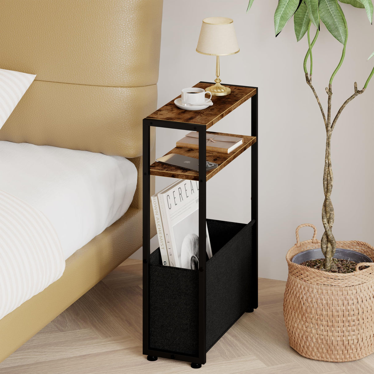 Narrow Side Table, Slim End Tables with Fabric Basket, Skinny Table for Small Spaces