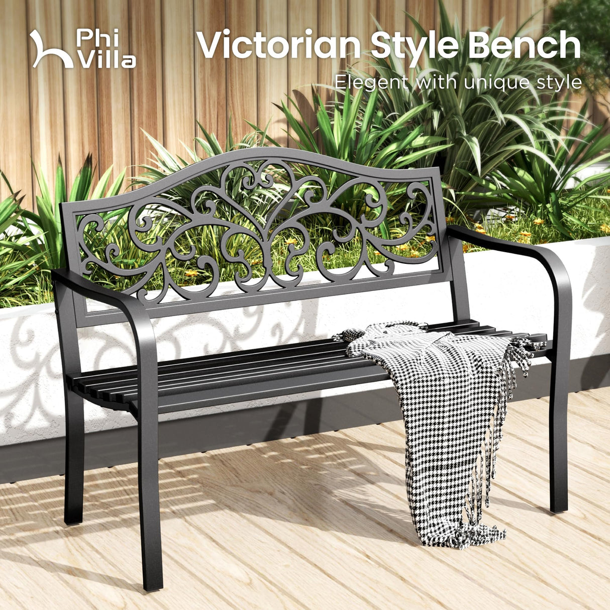 43 Inch Cast Iron Steel Frame Outdoor Garden Bench, Patio Furniture Chair Bench w/Floral
