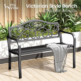 43 Inch Cast Iron Steel Frame Outdoor Garden Bench, Patio Furniture Chair Bench w/Floral