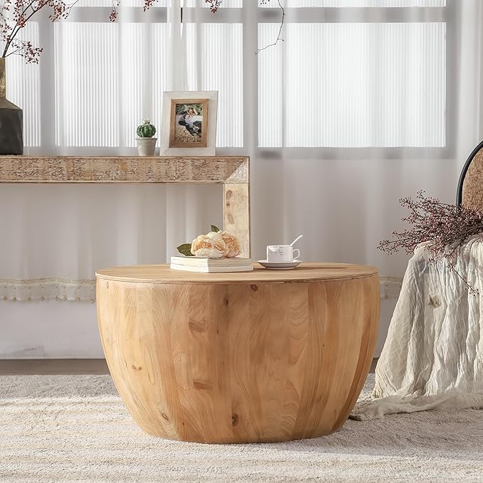 31.50" Vintage Style Bucket Shaped Coffee Table, Drum Coffee Table for Office