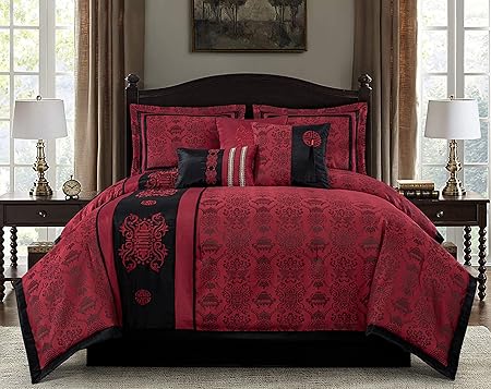 Dynasty Jacquard 7-Piece Comforter Set Black/Red (Queen)