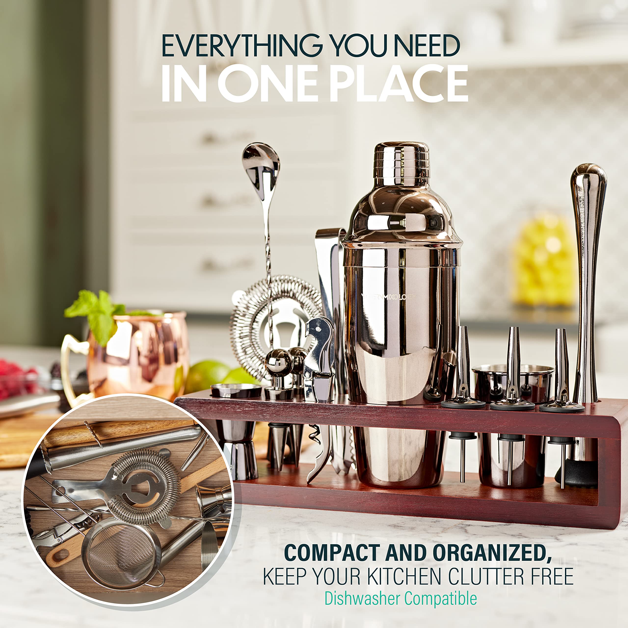 Cocktail Shaker Set - 24 Piece Stainless Steel Bartender Drink Kit & Stand
