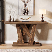 55-Inch Farmhouse Console Table with Geometric Base - Rustic Brown