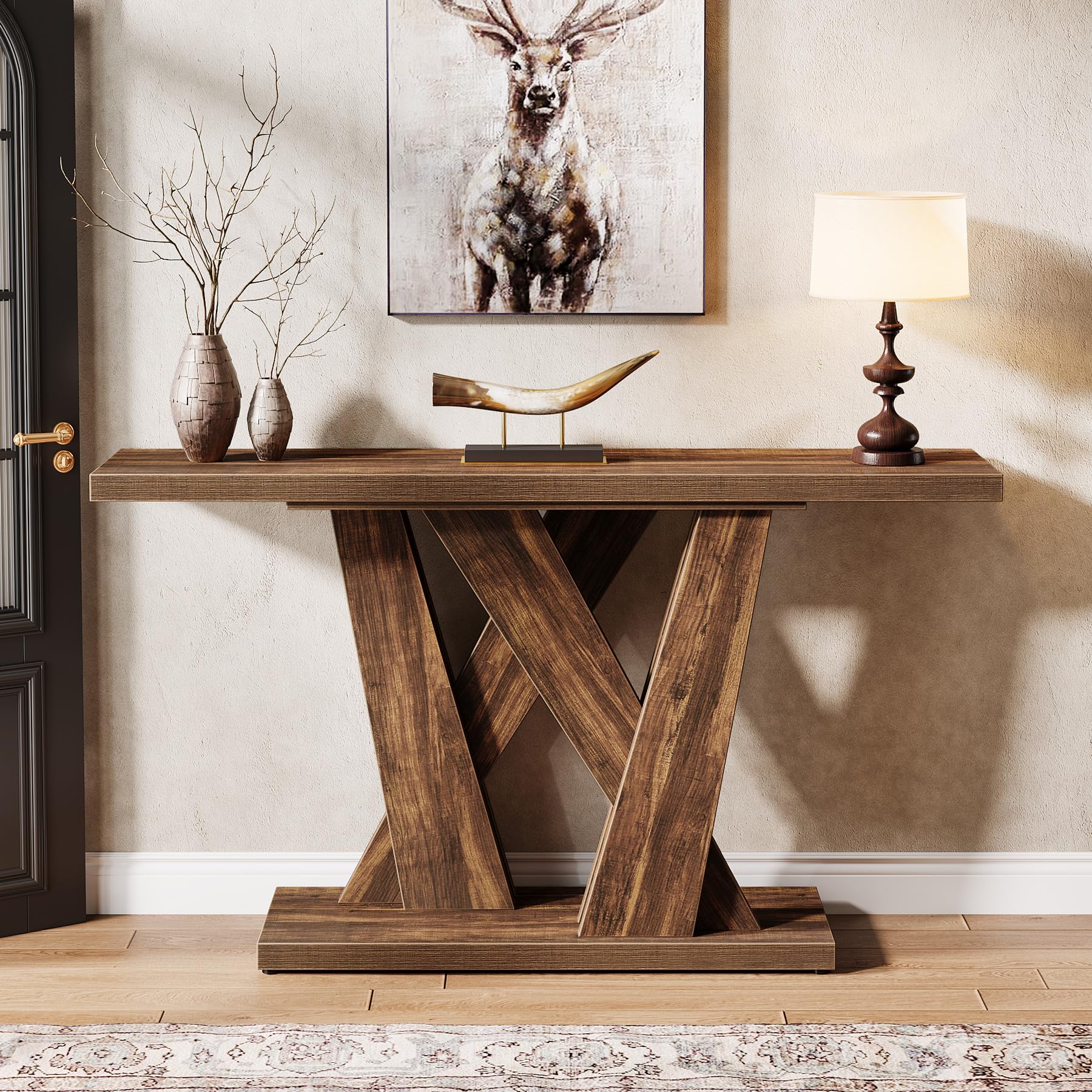 55-Inch Farmhouse Console Table with Geometric Base - Rustic Brown