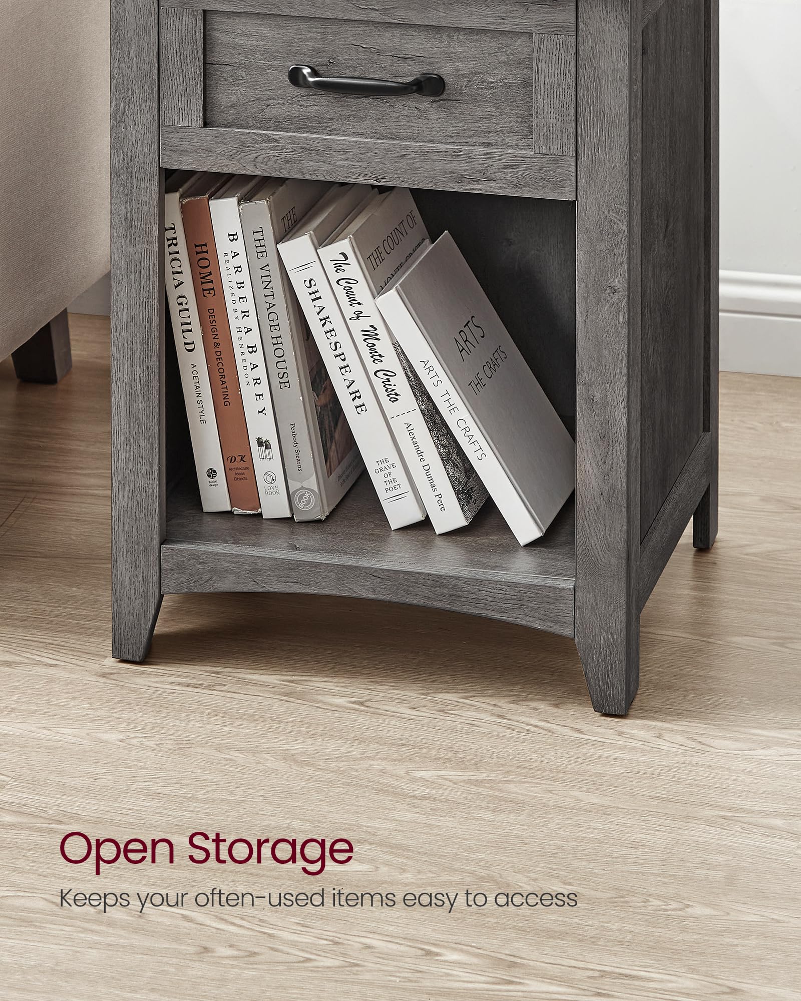 Farmhouse Nightstand with Charging Station, Bedside Table with Drawer