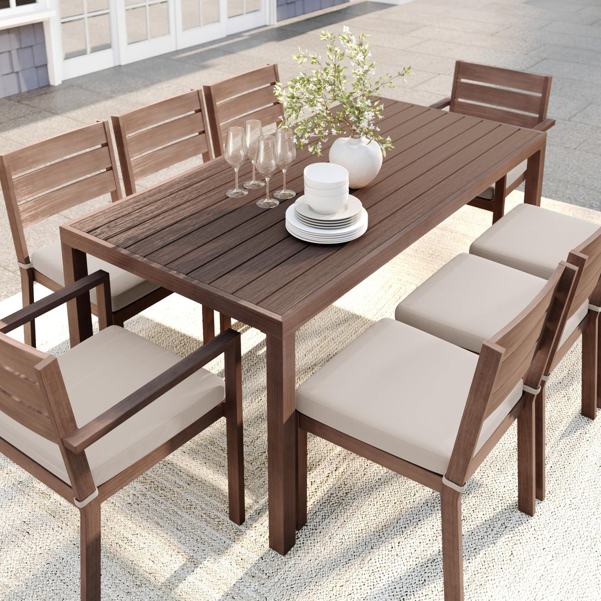 Bedford 70" Indoor-Outdoor Aluminum Patio Table with Umbrella Hole and Brushed