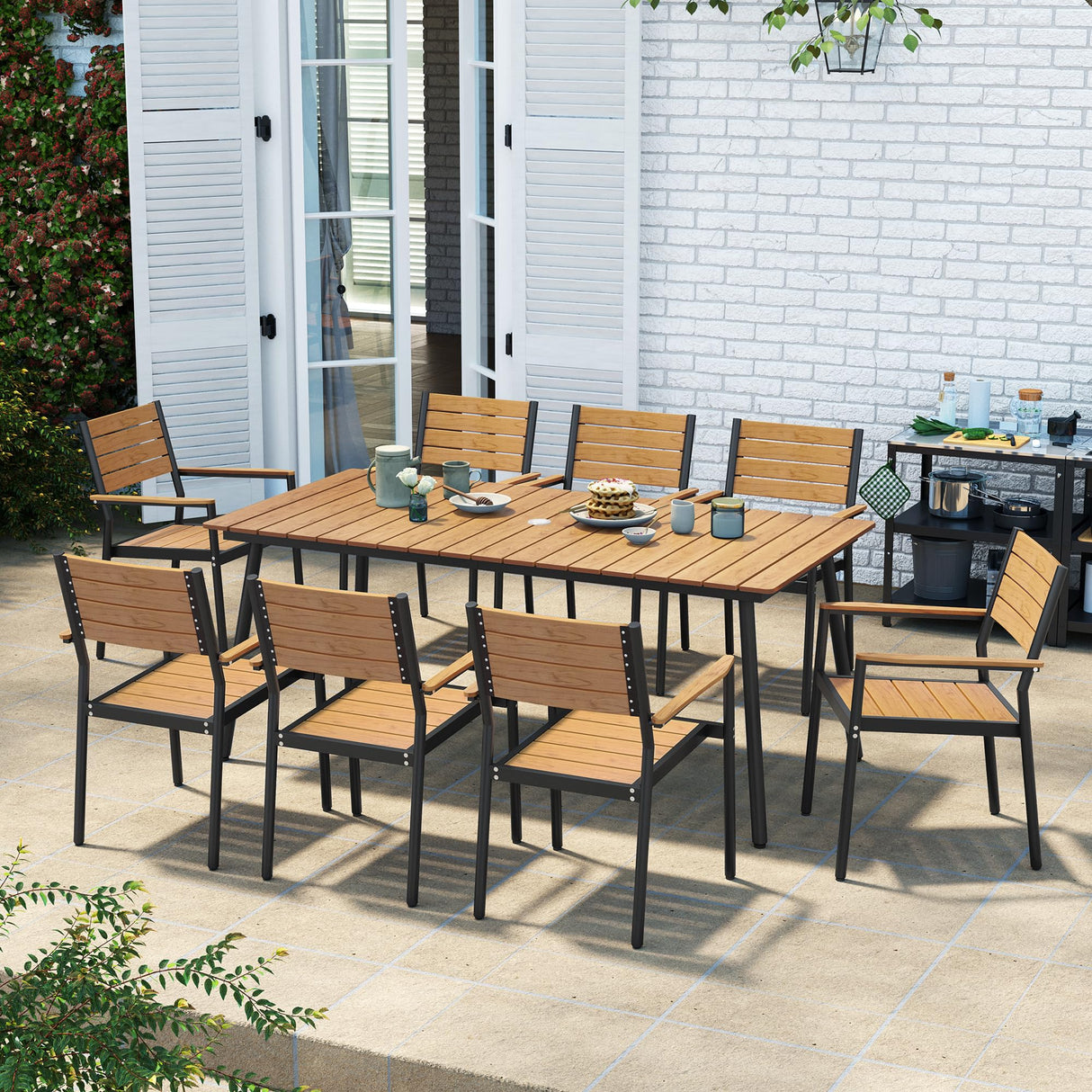 Outdoor Dining Table, 70inch Patio Dining Table with Wooden-Like Top and Aluminum Frame