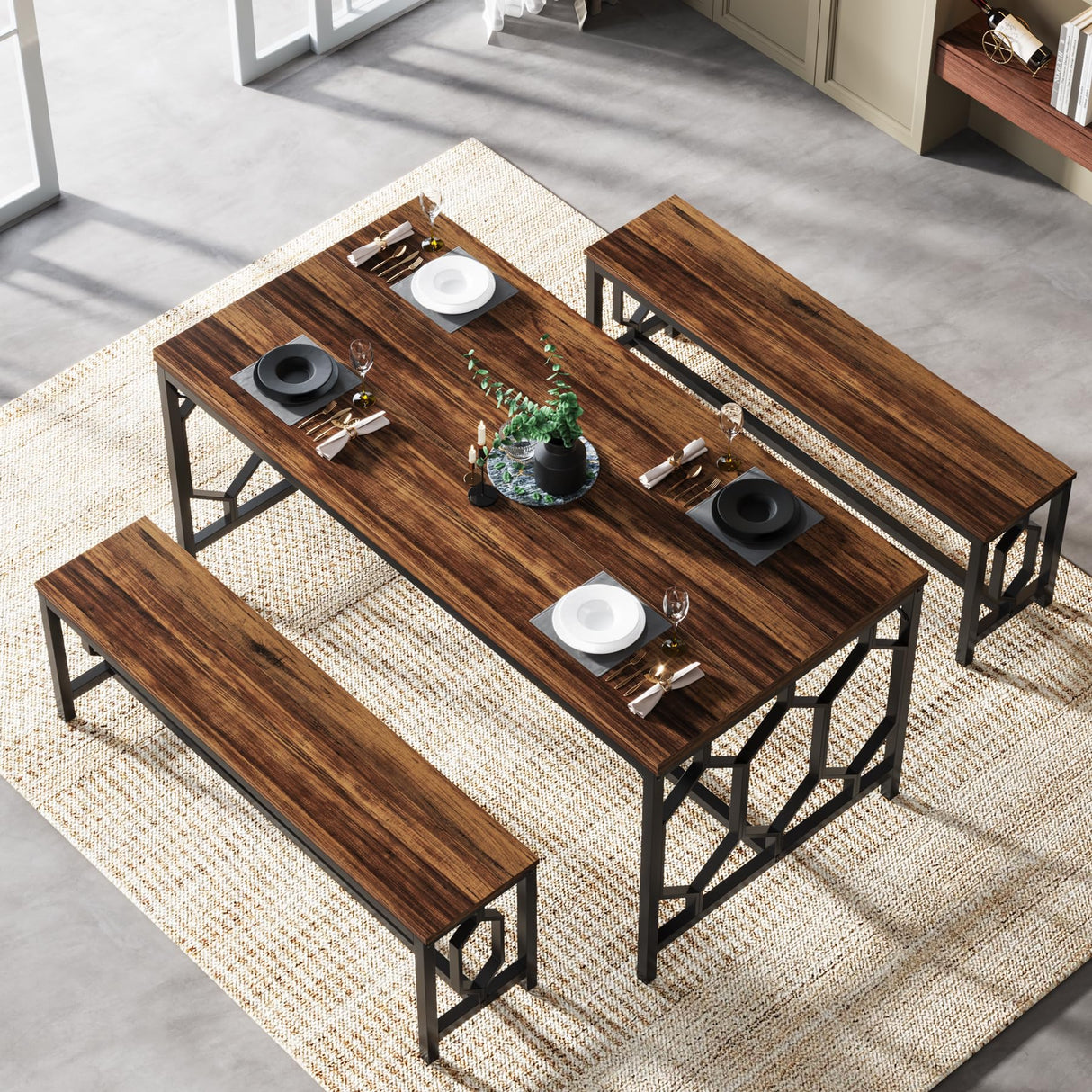 Tribesigns 55-Inch Large Dining Table Set for 4 to 6, Kitchen Breakfast Table with 2 Benches, Rectangular 3-Piece Wood Modern Industrial Bar Table Furniture for Dining Room, Rustic Brown & Black