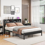 Twin Bed Frame with Bookcase Headboard/USB Charging Station,Metal Platform Bed,