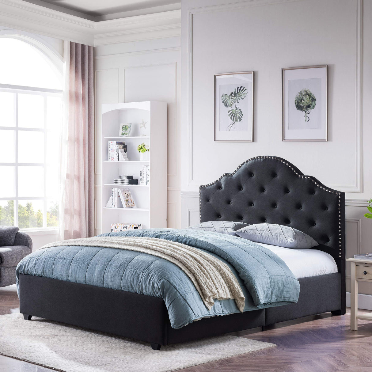 Gentry Queen-Size Bed Frame Fully-Upholstered Button-Tufted Black