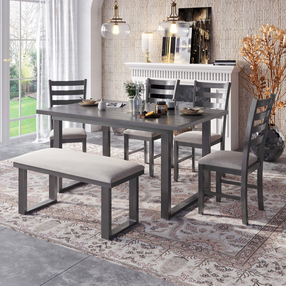 6 Piece Dining Table Set Wooden Dining Room Kitchen Table Set Rectangle Table