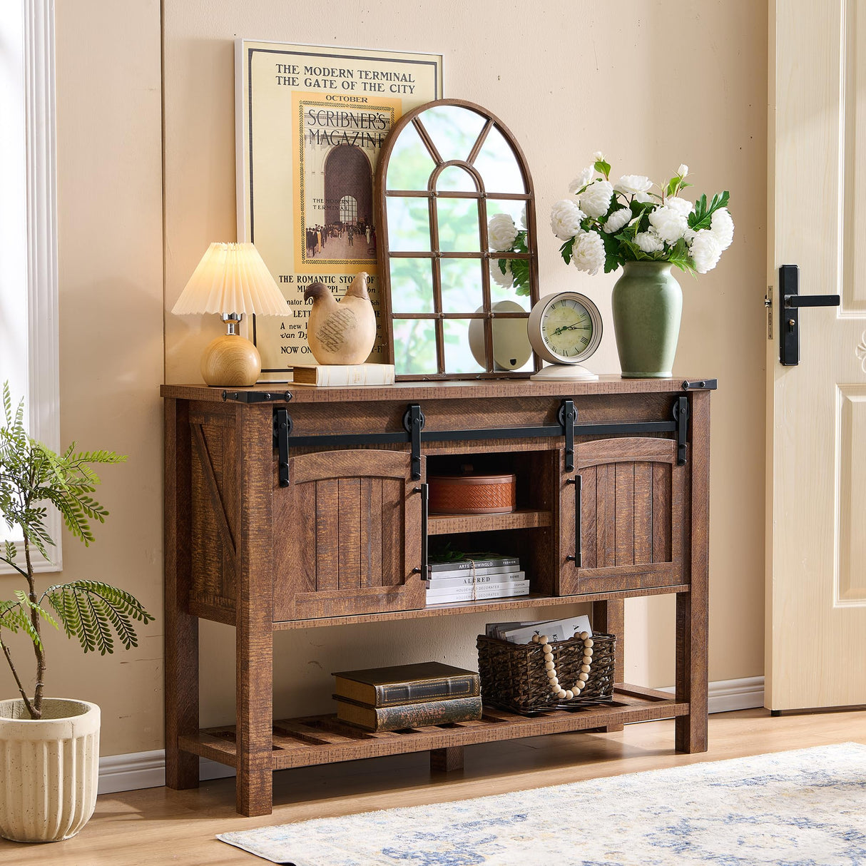 Farmhouse Entryway Table with Sliding Arch Doors, 46" Rustic Console Table