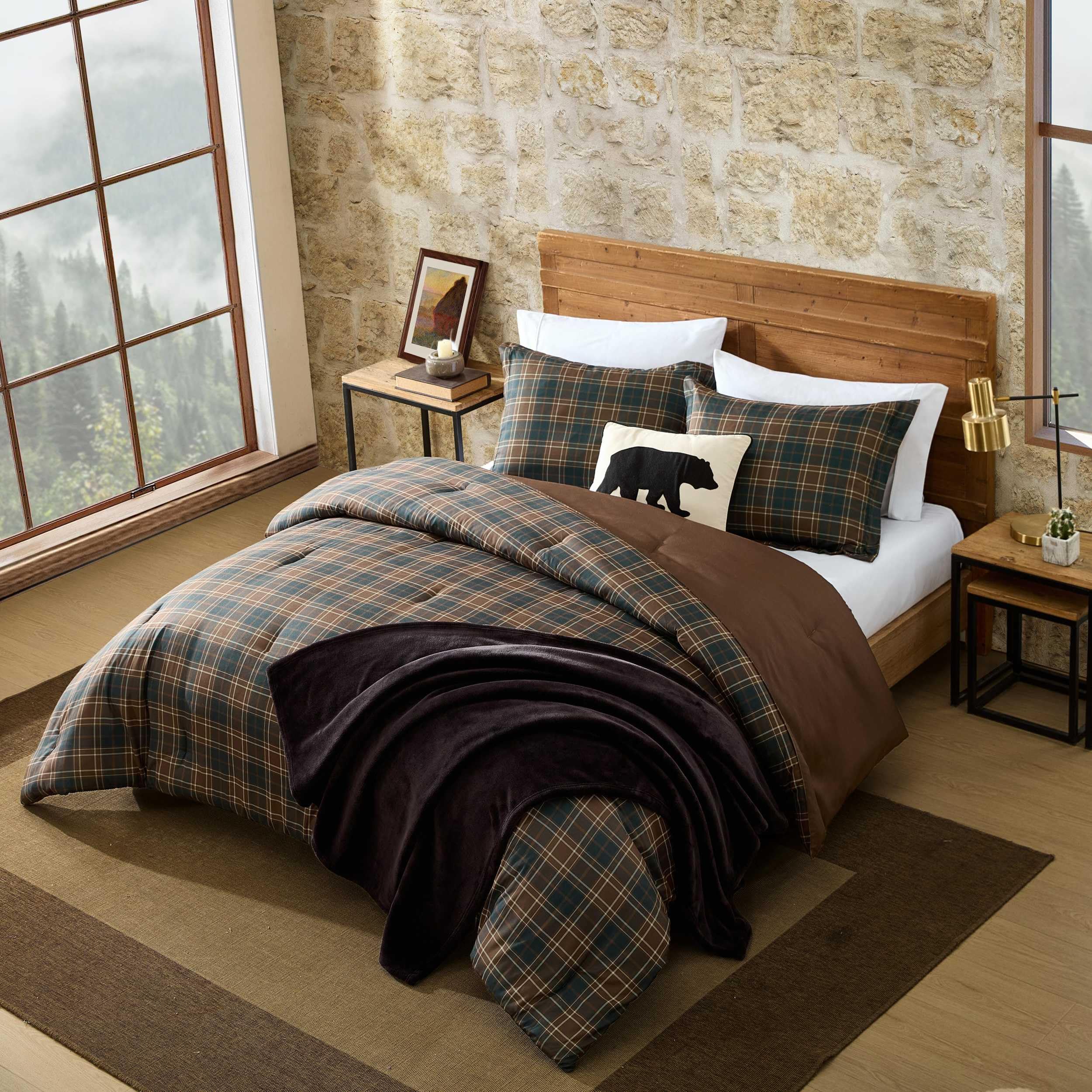 Queen Comforter Set - Huntley Plaid Brown 3-Piece Bedding with Matching Pillowcases