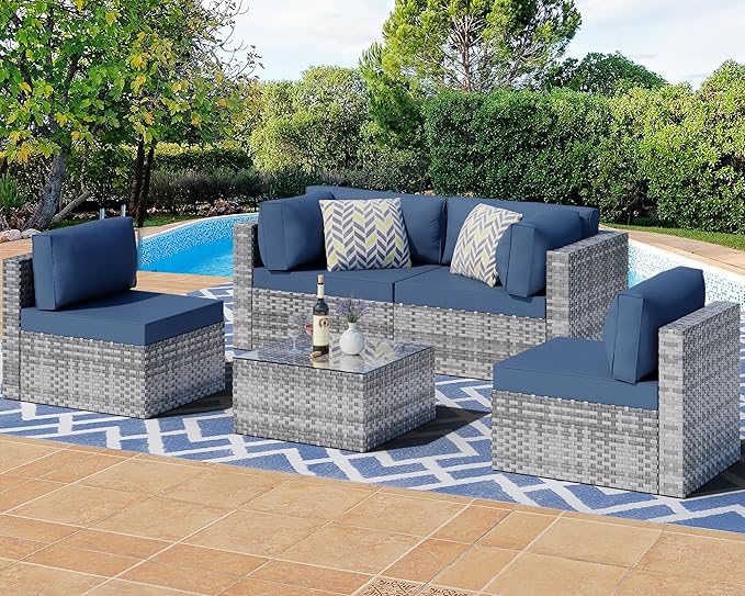 7 Pieces Outdoor Patio Sectional Sofa Couch, Silver Gray PE Wicker Furniture Conversation Sets