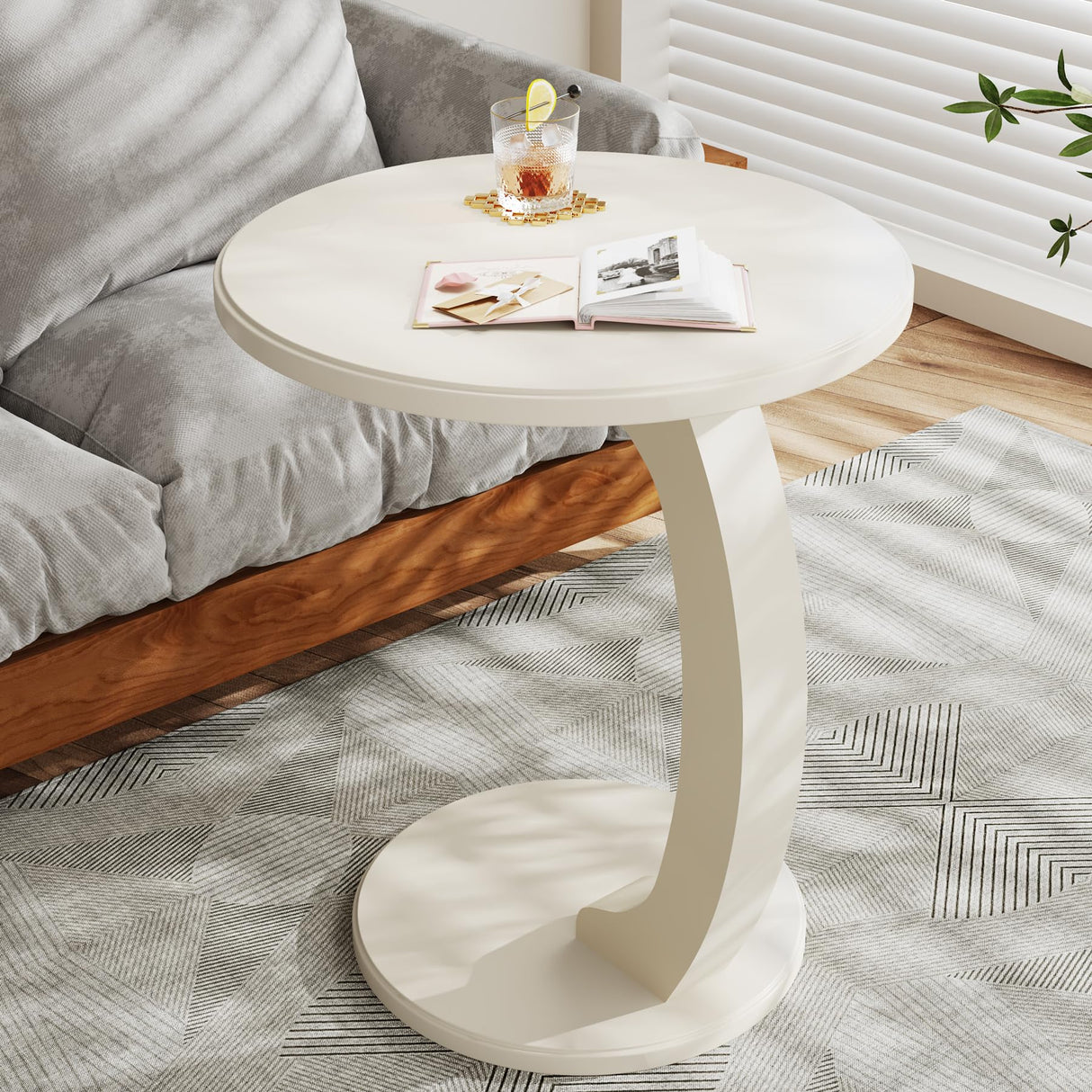 Round End Table, Wood C-Shaped Side Table, Small Couch Side Table