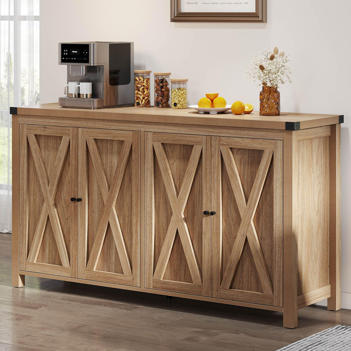 Farmhouse Sideboard Buffet Cabinet with Storage with 4 Doors, 55'' Large Kitchen Storage Cabinet,