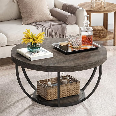 31.7" Round Coffee Table, Industrial 2-Tier Circle Coffee Table with Storage Shelves