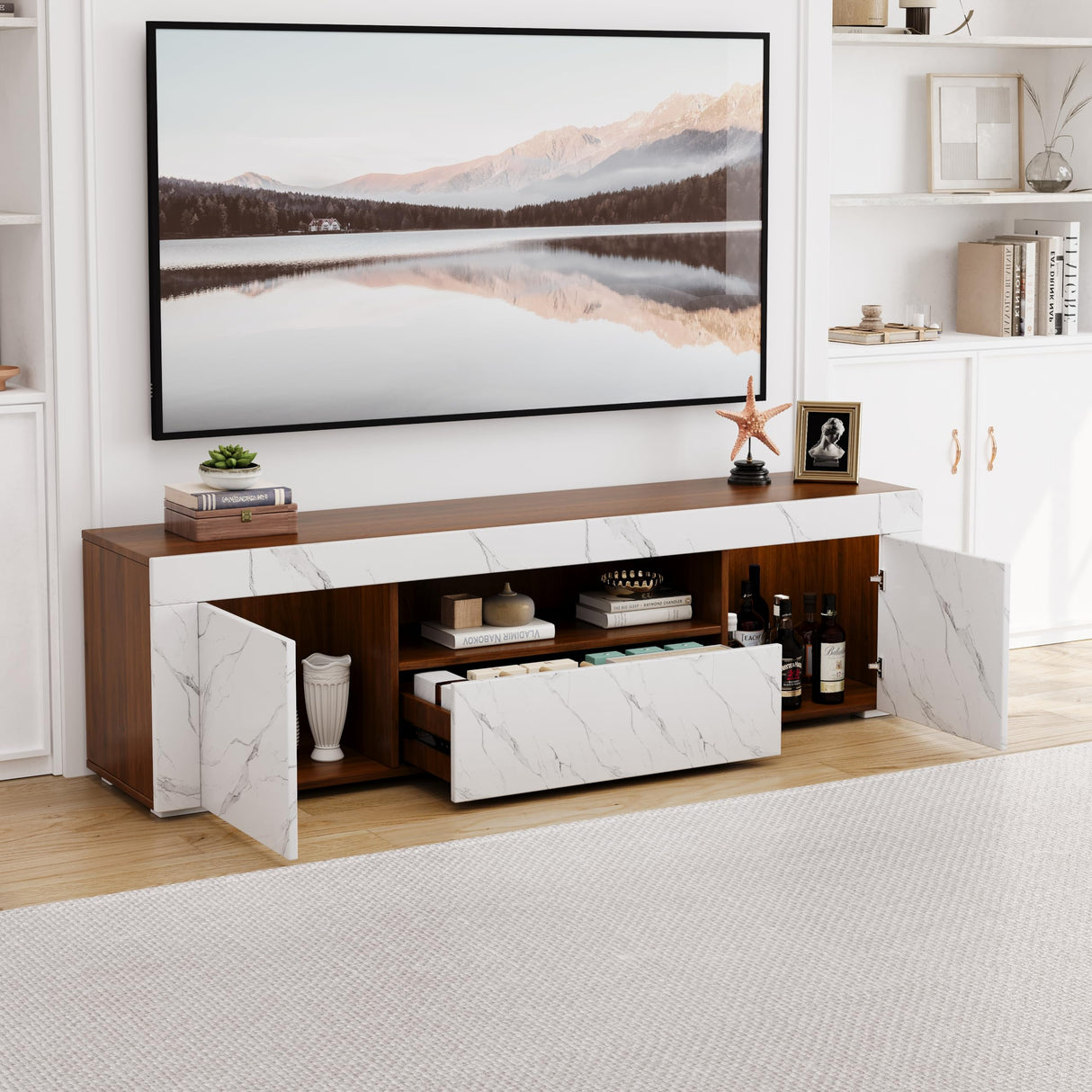 65 Inch Tv Stand, Modern High Glossy Entertainment Center with Storage and Drawers,