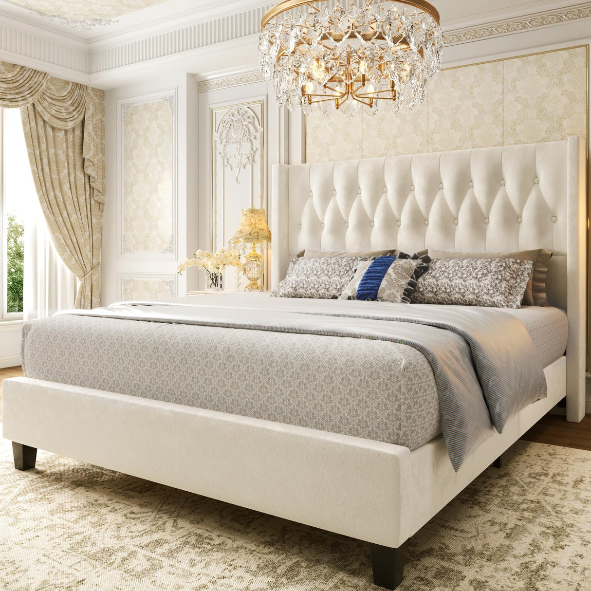 Queen Bed Frame, Velvet Upholstered Queen Platform Bed with 48.8" Tall Wingback Headboard, Button Tufted, No Box Spring Needed, Noise-Free, Cream