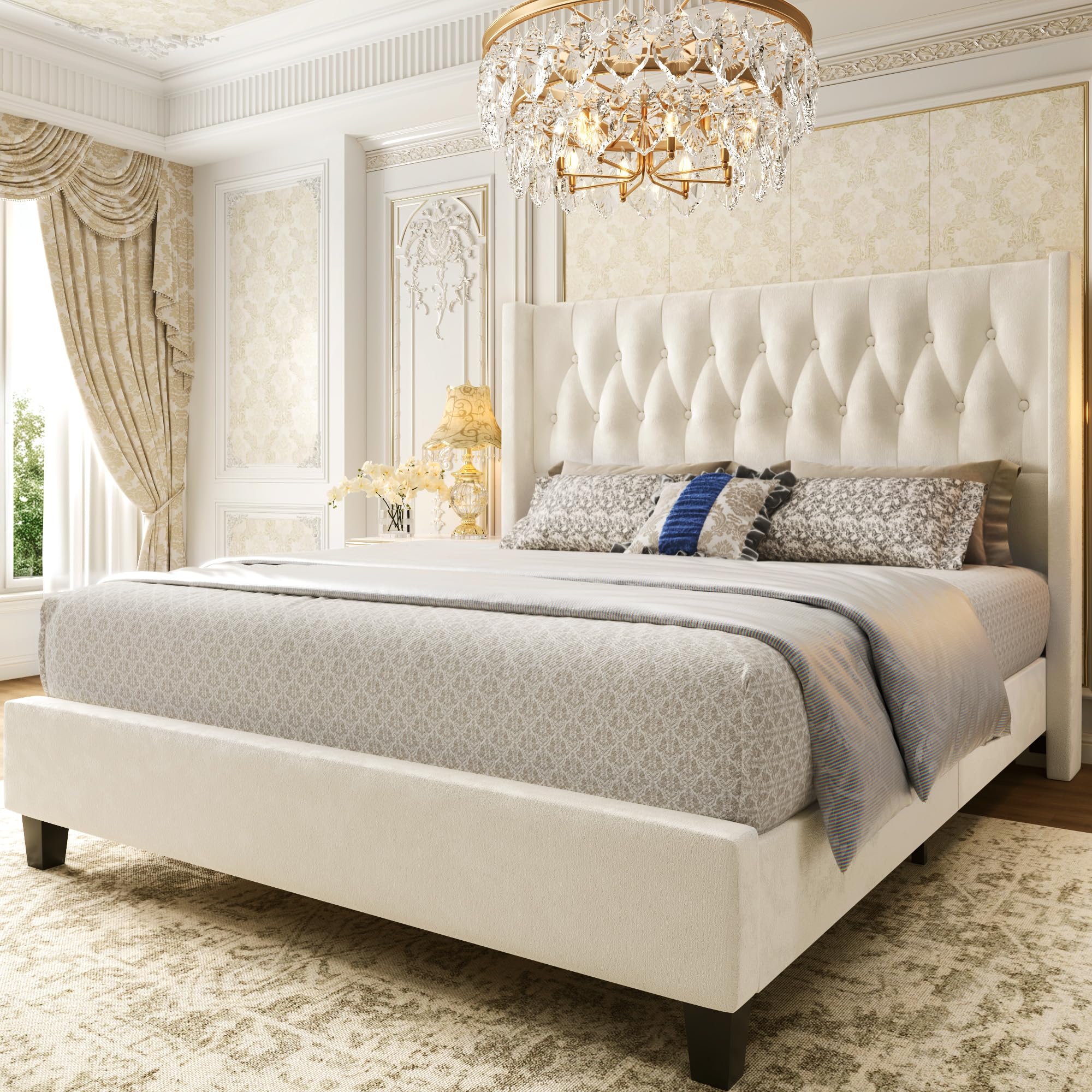 Queen Bed Frame, Velvet Upholstered Queen Platform Bed with 48.8"