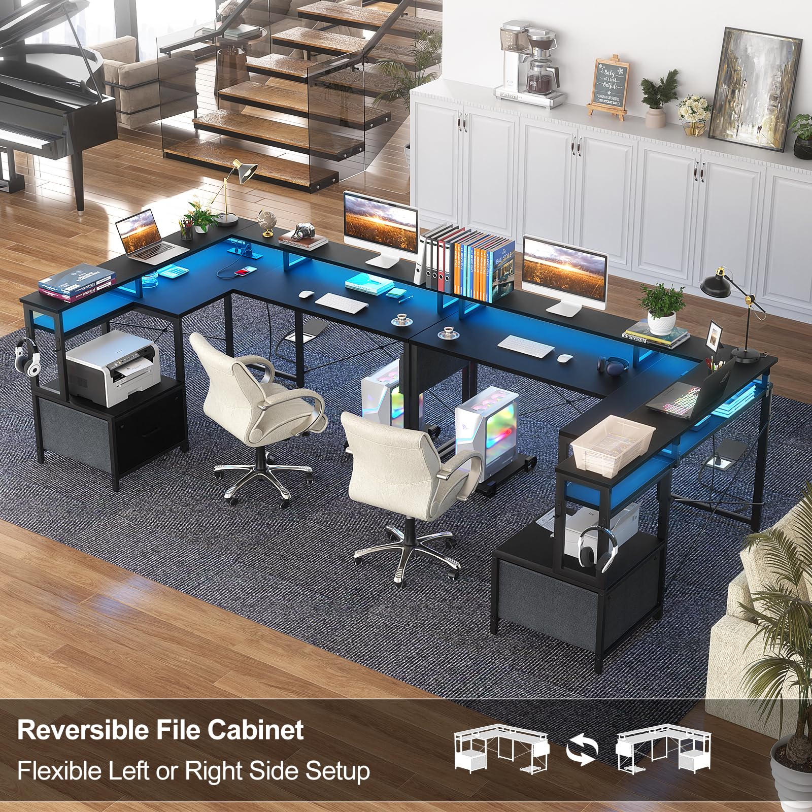 L Shaped Desk with Power Outlet and LED Strip, Reversible L Shaped Computer Desk