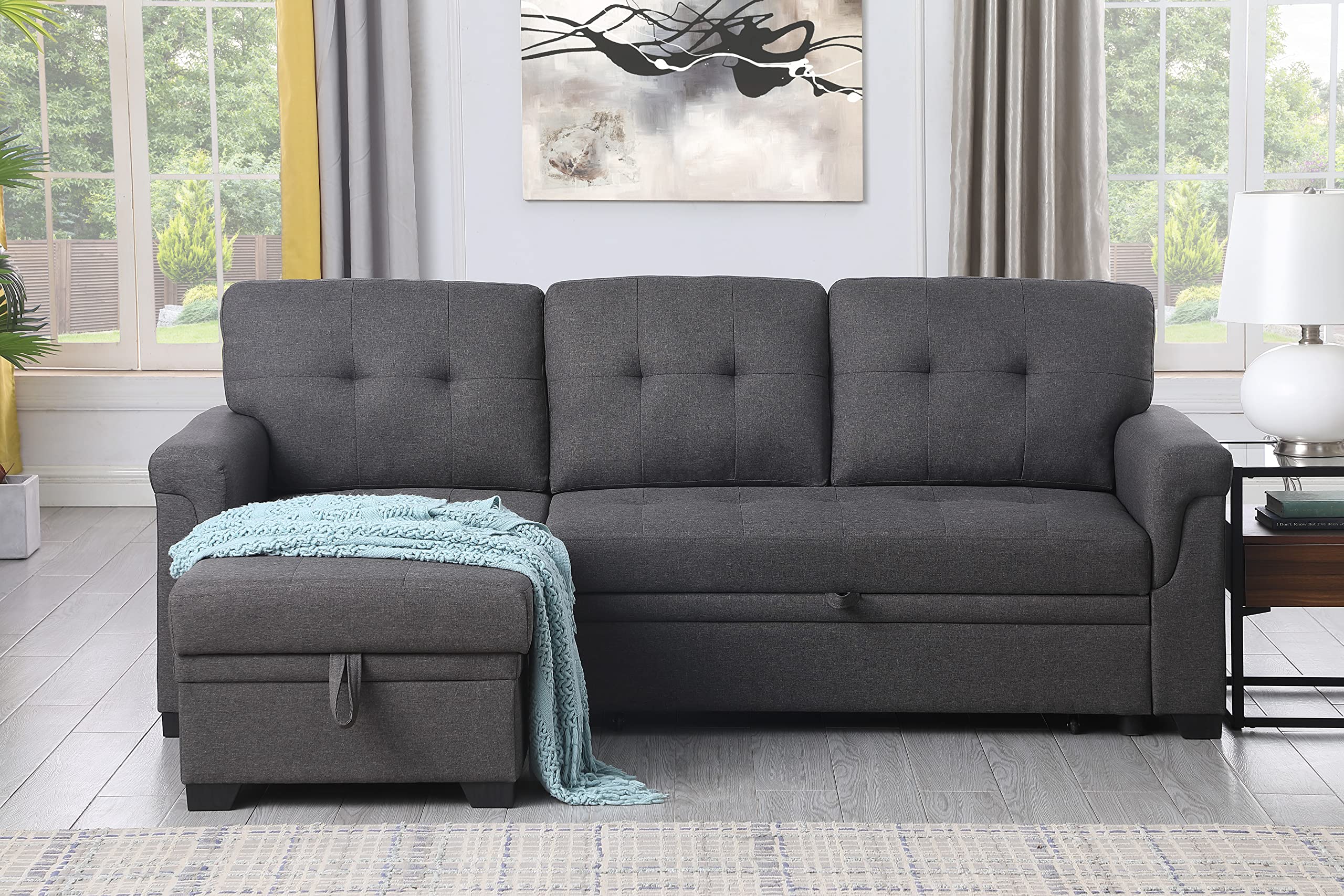 Lucca 84" W Dark Gray Linen Reversible Sleeper Sectional Sofa with Storage Chaise