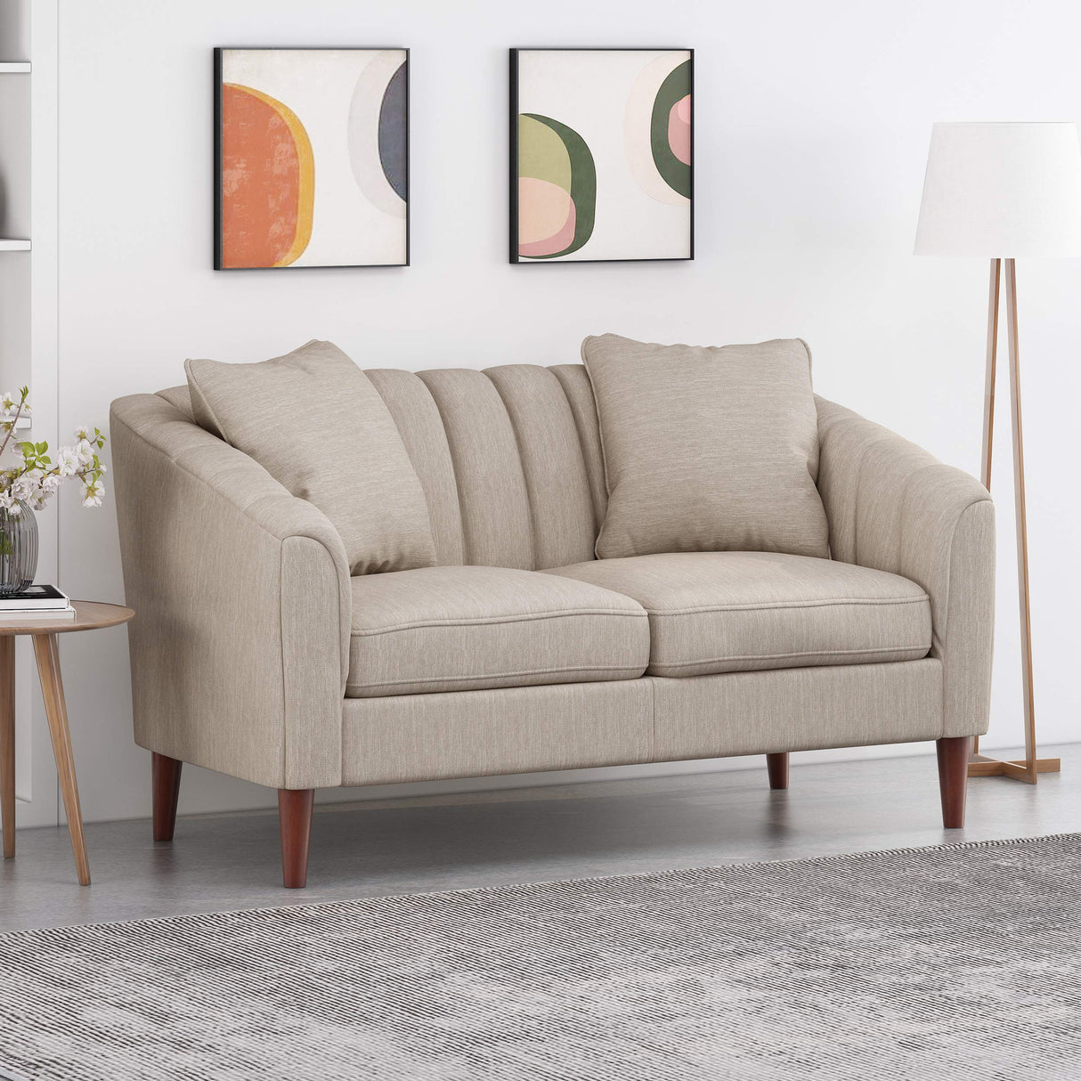 Stewart Contemporary Channel Stitched Fabric Loveseat, Beige and Dark Walnut