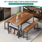 YITAHOME 63" 3 Piece Kitchen Dining Table Set for 4 with Bench & Storage, Farmhouse Rectangle Dining Room Dinner Table with Wine & Glass Holder for Space Saving, Rustic Brown