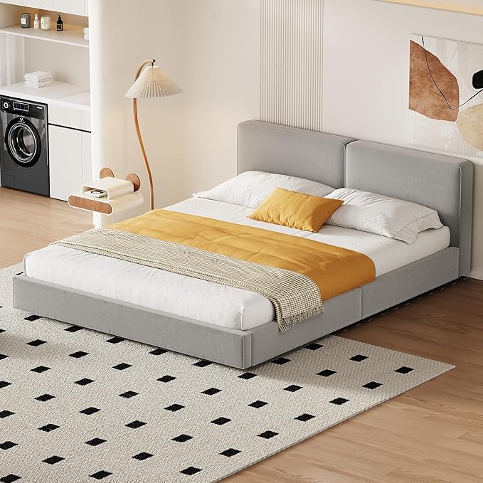 Upholstered Grounded Bed Platform Bed with Velvet Fabric, Queen Size Wood Platform