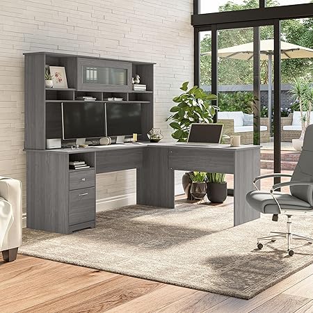 Cabot 72W Single Pedestal L Desk with Hutch, Heather Gray