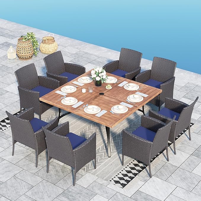 9 Pieces Patio Dining Set for 8, All Weather Square Outdoor Table with Umbrella Hole