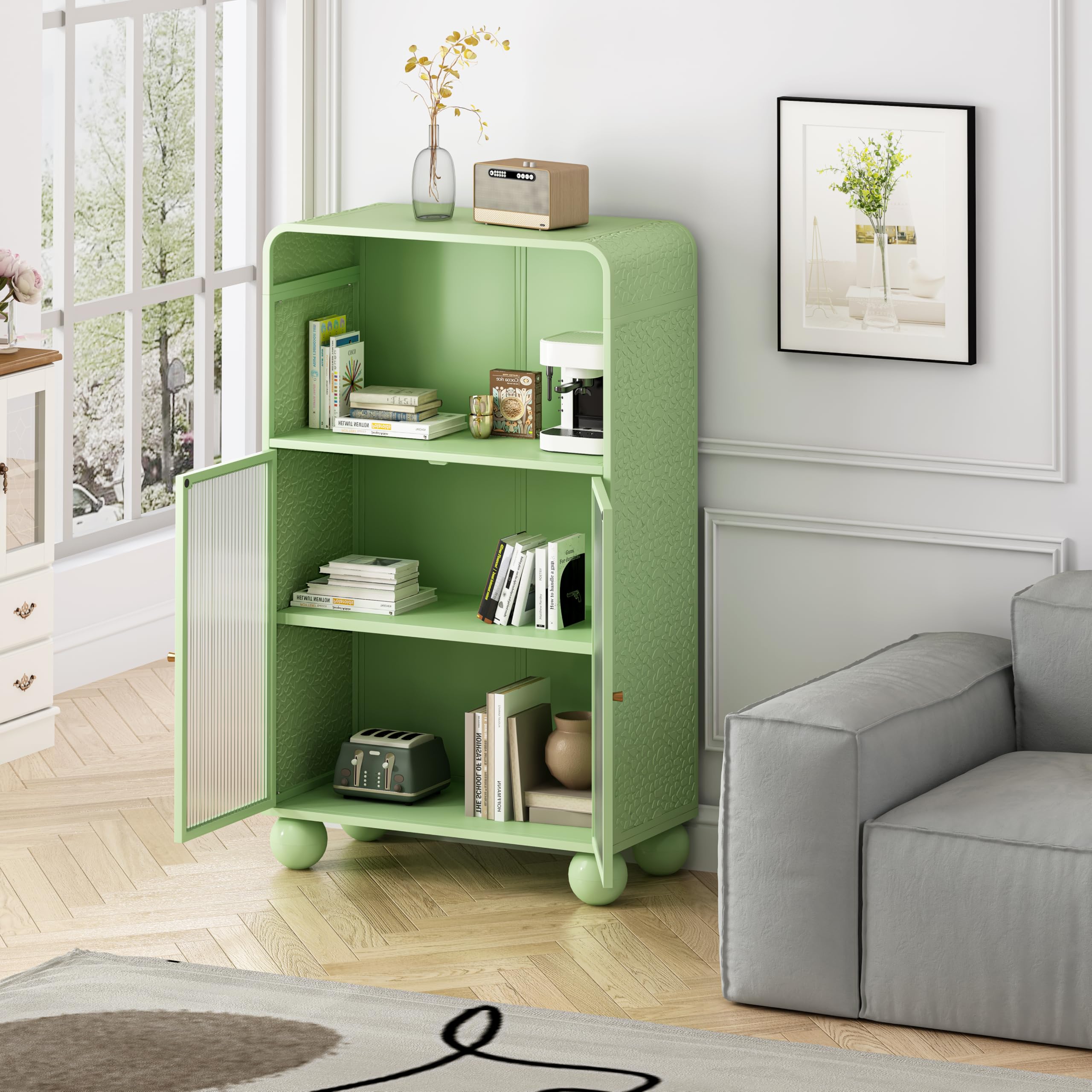 45.28” H Storage Cabinet, Bathroom Floor Cabinet with Glass Door and Shelves