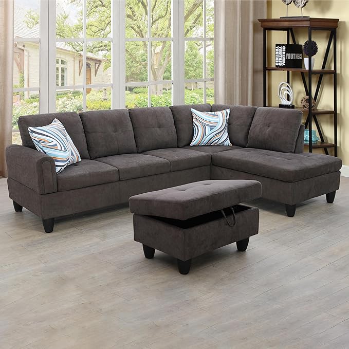 Living Room L Shaped Couch Upholstered Futon Sofa Comfy Flannel Modular Sofa 3-Piece Living Couch