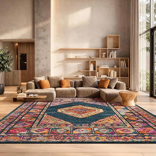 10x14 Boho Medallion Area Rug - Orange Fuchsia Non-Shedding