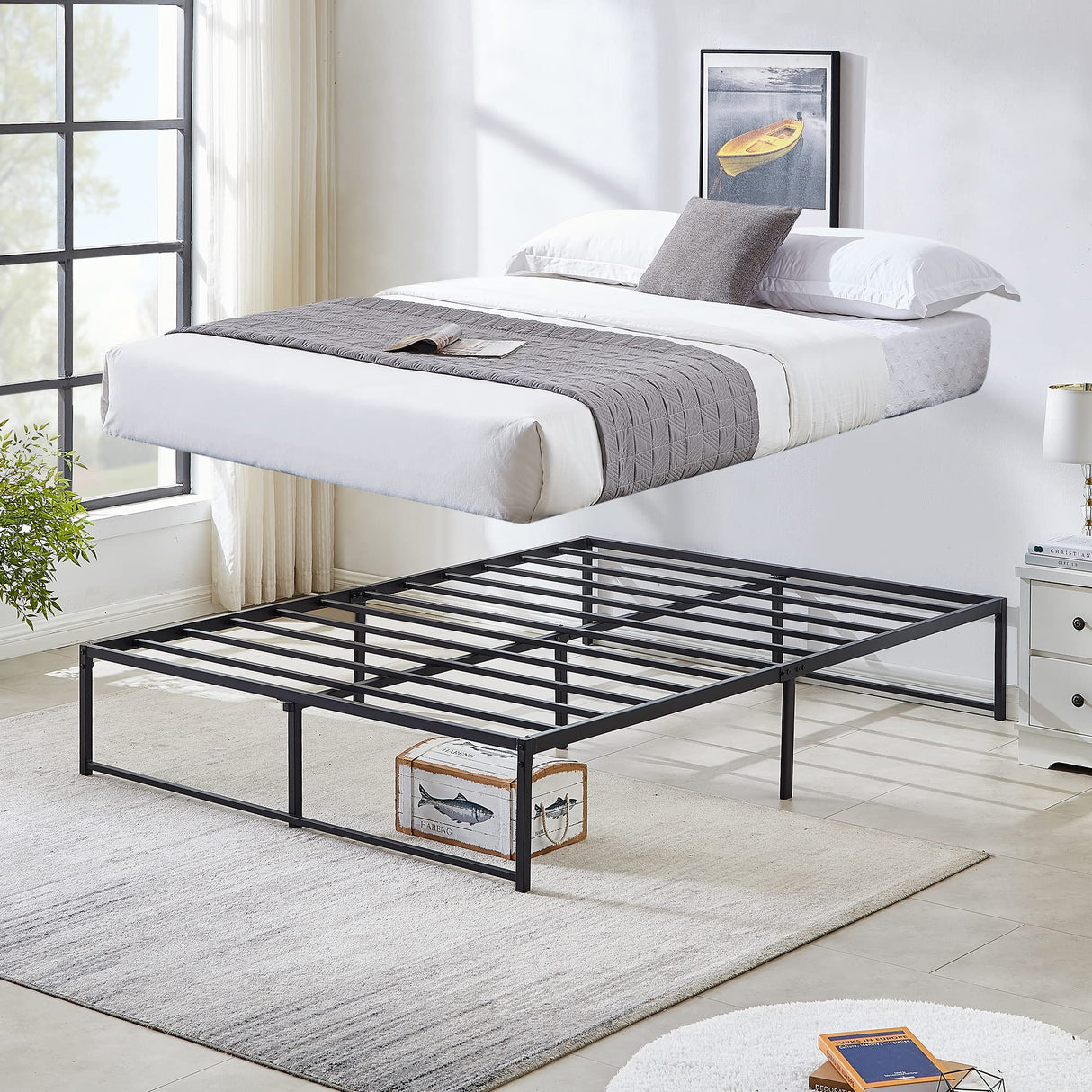 VECELO Queen Metal Platform Bed Frame,Heavy Duty Sturdy Steel Slats Support/Matress Foudation/No Box Spring Needed,Reinforced