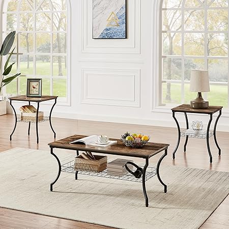 3 Pieces Living Room Sets Coffee and End Tables with Open Storage Shelves