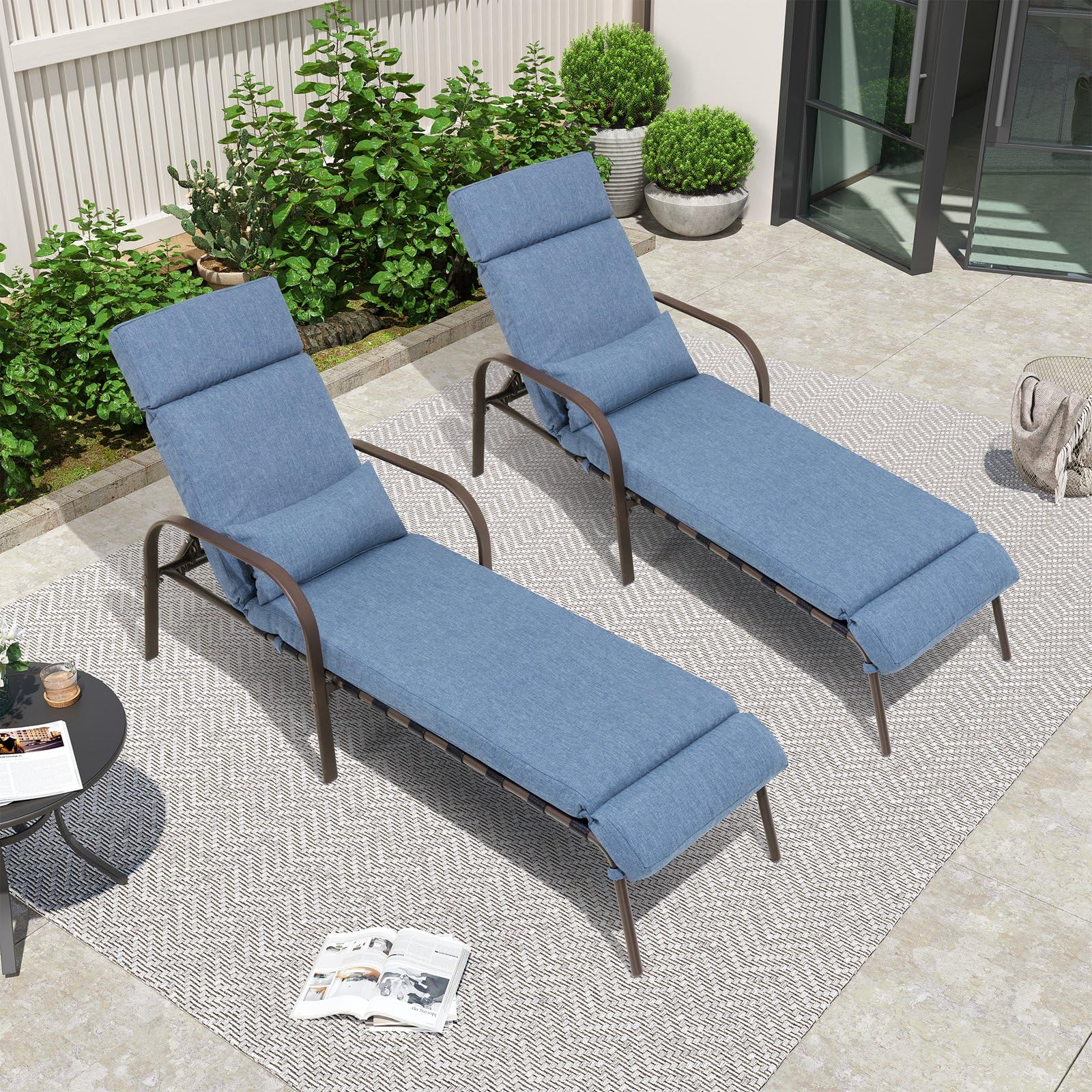 Outdoor Set of 2 with Cushion & Pillow, Adjustable 5 Position Pool Recliner, Outdoor Lounge